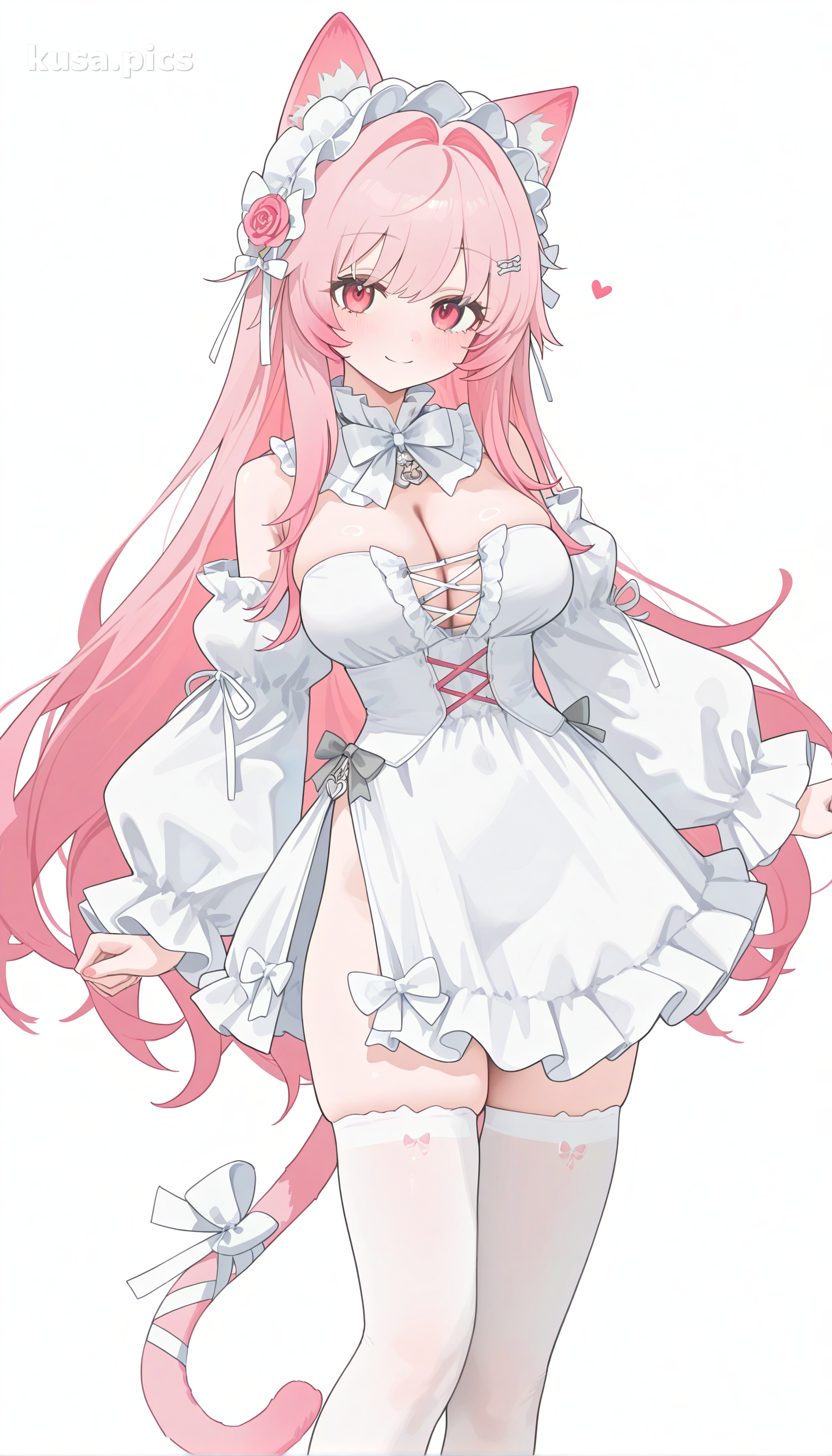 분홍색 애니메이션 고양이 소녀 캐릭터, 흰색 메이드 의상에 분홍색 리본, 빨간 눈, 마법 지팡이 - KusArt의 예시 OC 디자인