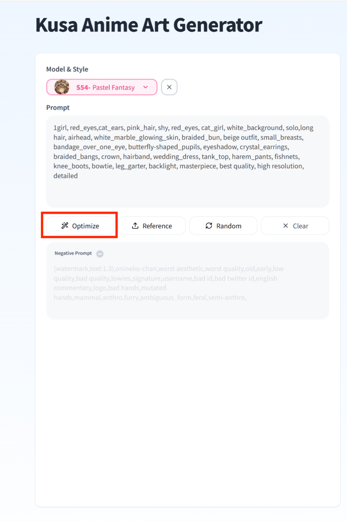 Interfaz de optimización de prompts del Kusa Anime AI Art Generator - ubicación del botón de optimización