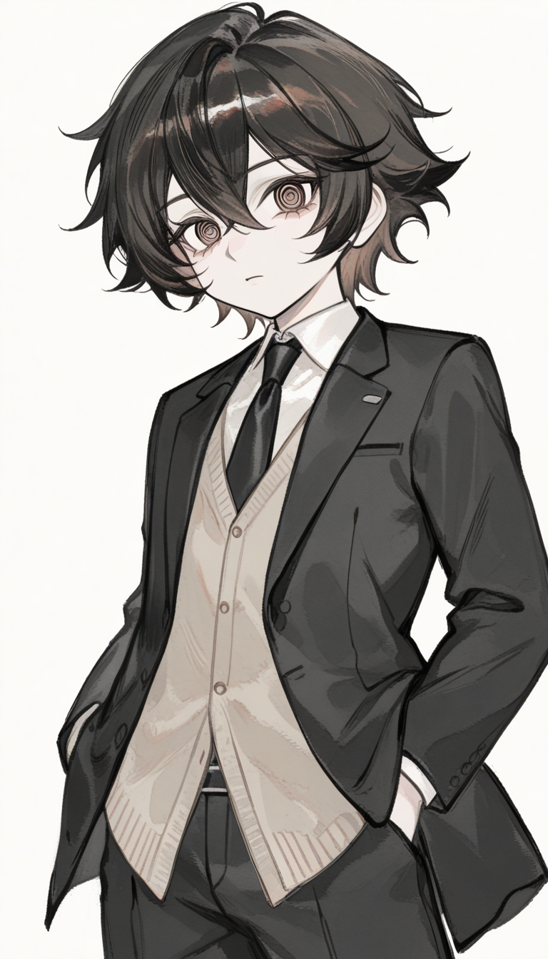 Chico hipnotista misterioso con ojos en espiral y cabello en forma de taladro - variación de diseño de personaje OC de anime 2