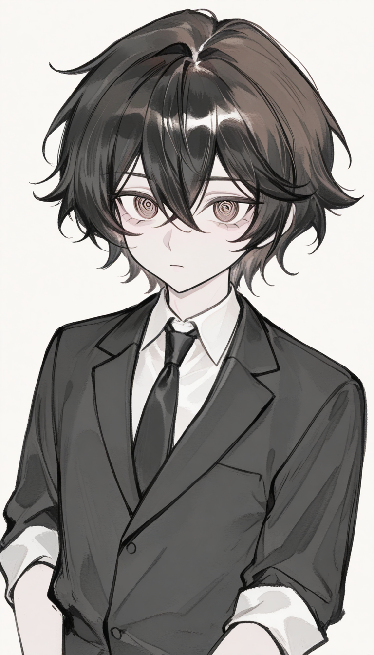 Chico hipnotista misterioso con ojos en espiral y cabello en forma de taladro - variación de diseño de personaje OC de anime 1
