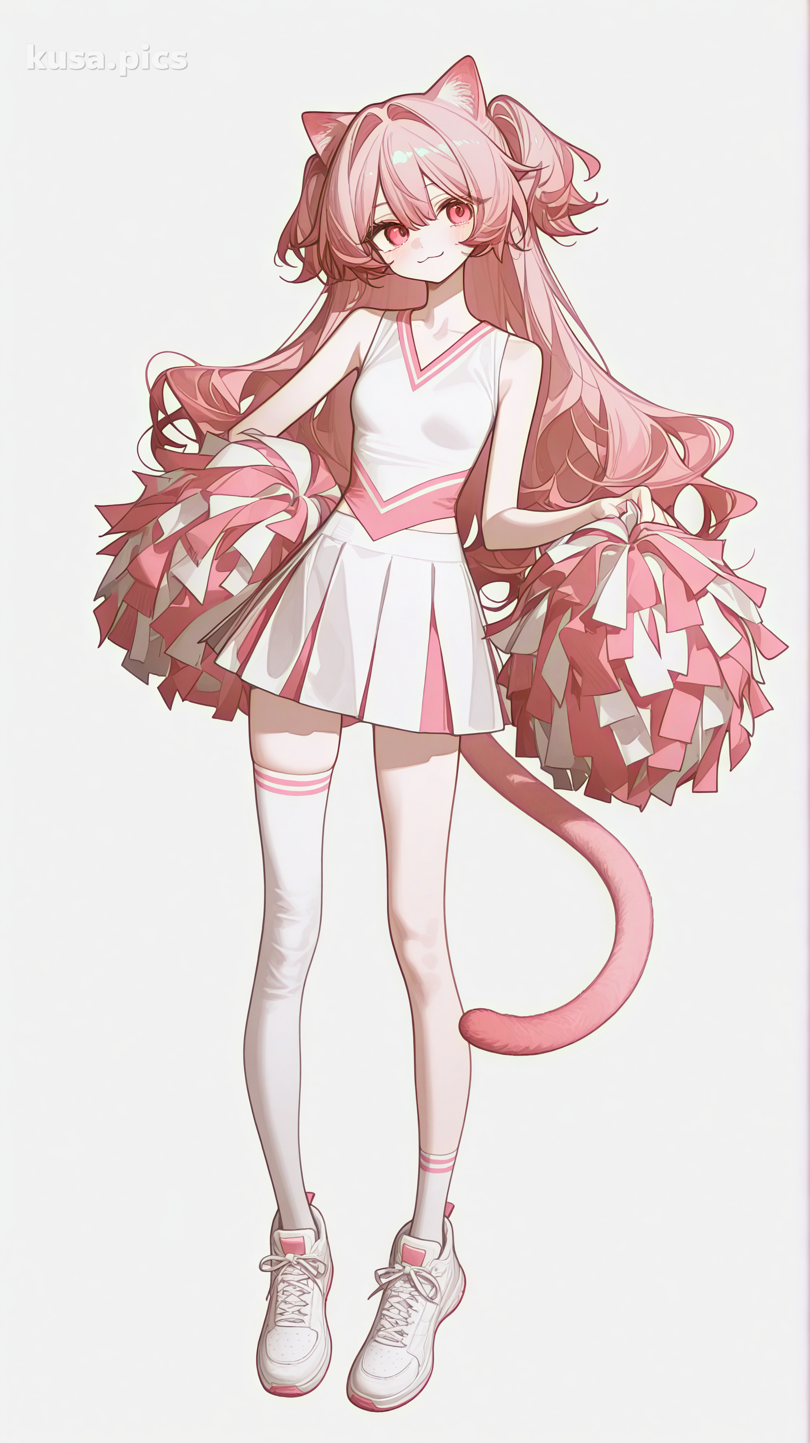 Chica gato animadora con cabello rosa, orejas de gato y pose enérgica - variación de diseño de personaje OC de anime 2