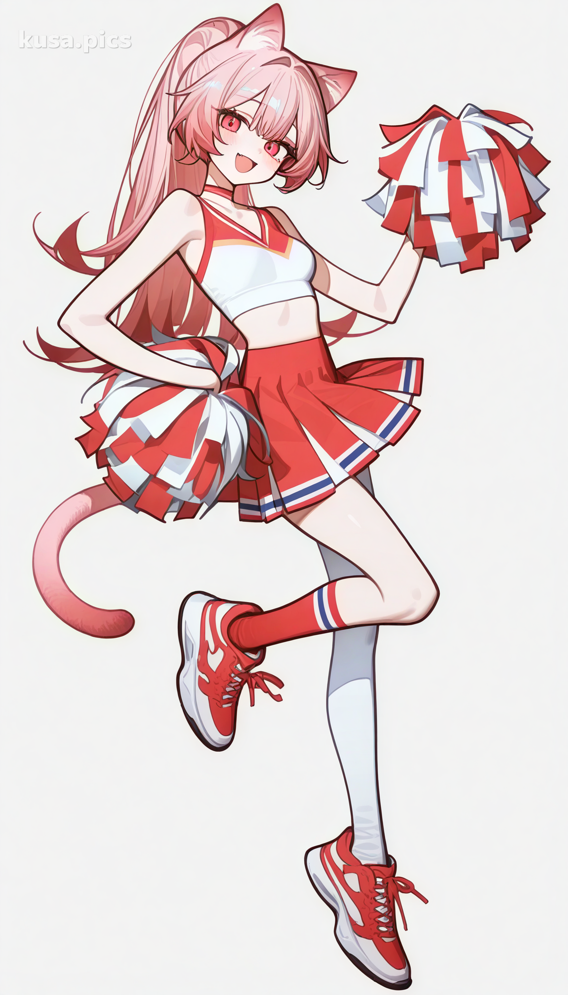 Chica gato animadora con cabello rosa, orejas de gato y pose enérgica - variación de diseño de personaje OC de anime 1