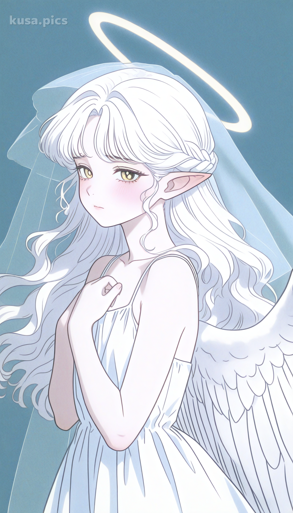Chica ángel melancólica con cabello blanco, enormes alas de plumas y expresión triste - variación de diseño de personaje OC de anime 2