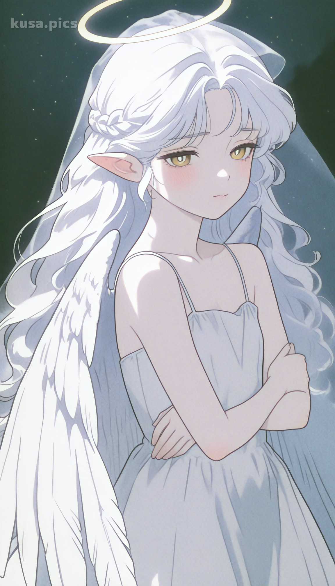 Chica ángel melancólica con cabello blanco, enormes alas de plumas y expresión triste - variación de diseño de personaje OC de anime 1