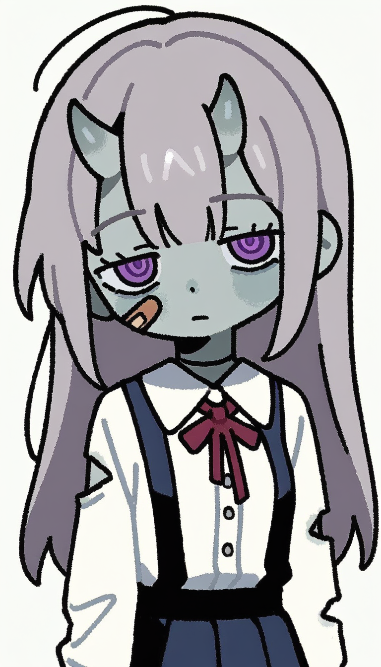 Chica escolar zombie con piel gris, uniforme desgastado y cuernos de oni - variación de diseño de personaje OC de anime 1