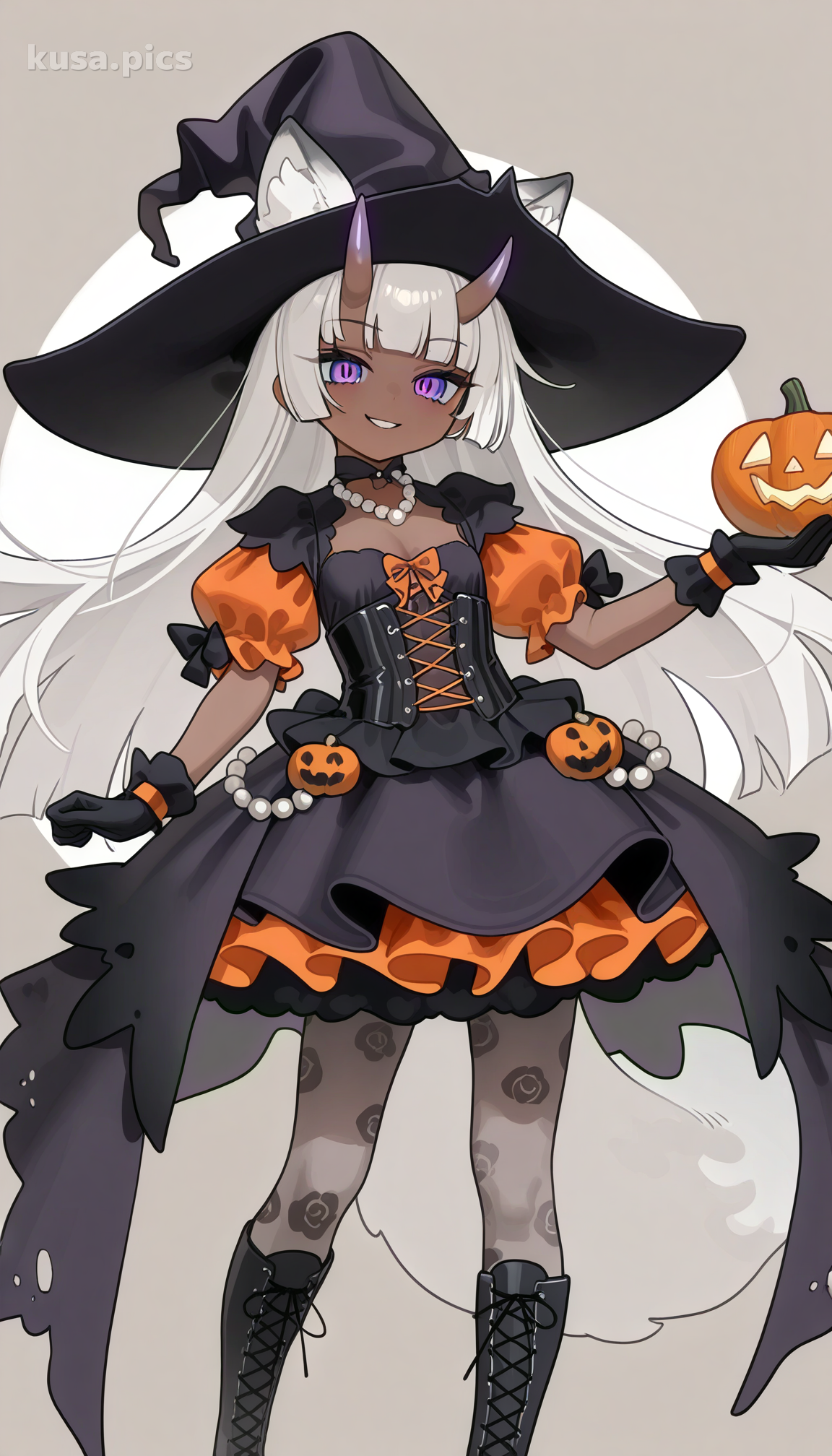 Loli bruja gótica de Halloween con orejas de zorro, decoraciones de calabaza y vestido lolita elaborado - variación de diseño de personaje OC de anime 2