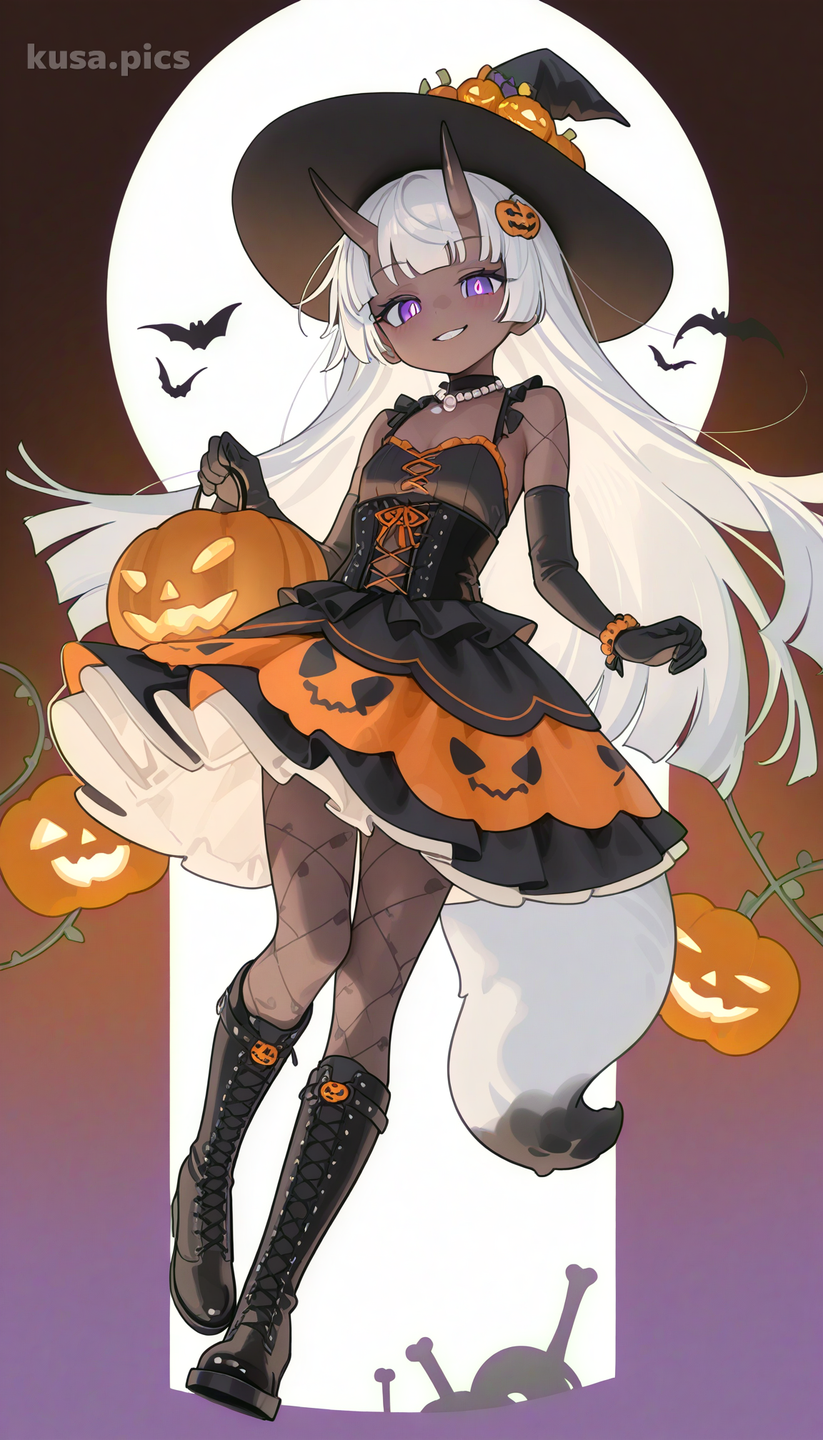 Loli bruja gótica de Halloween con orejas de zorro, decoraciones de calabaza y vestido lolita elaborado - variación de diseño de personaje OC de anime 1
