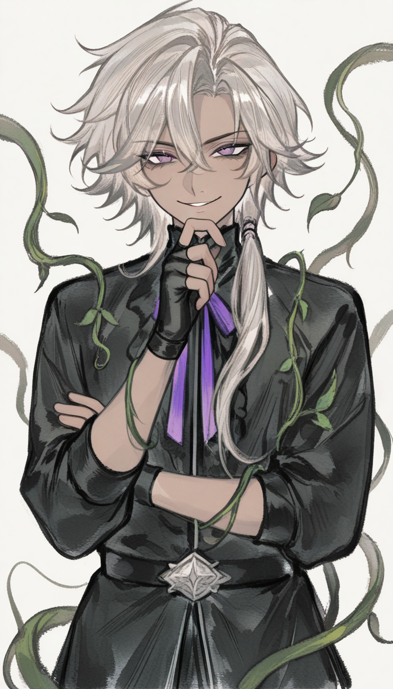 Joven bendecido por la naturaleza con cabello plateado adornado con vides y ojos morados - variación de diseño de personaje OC de anime 1