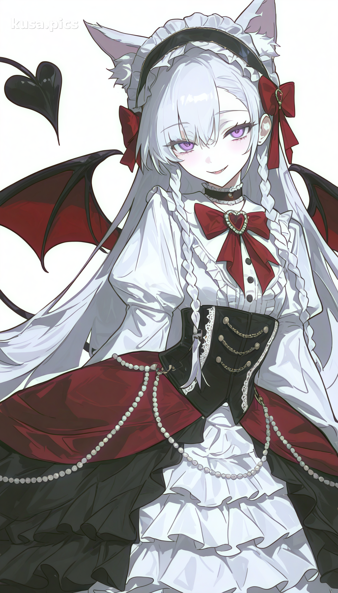 Loli vampira kawaii con orejas de zorro, vestido blanco y rojo, cola en forma de corazón - variación de diseño de personaje OC de anime 2