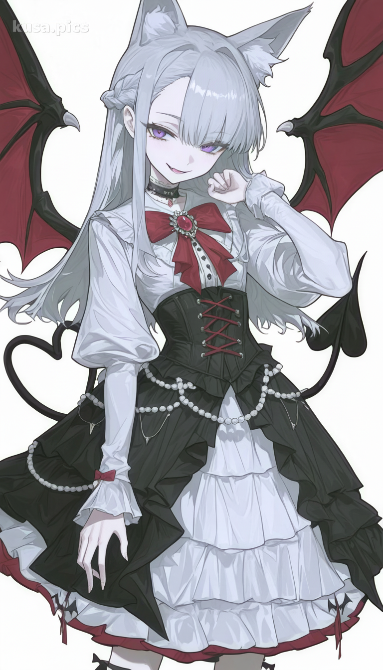 Loli vampira kawaii con orejas de zorro, vestido blanco y rojo, cola en forma de corazón - variación de diseño de personaje OC de anime 1