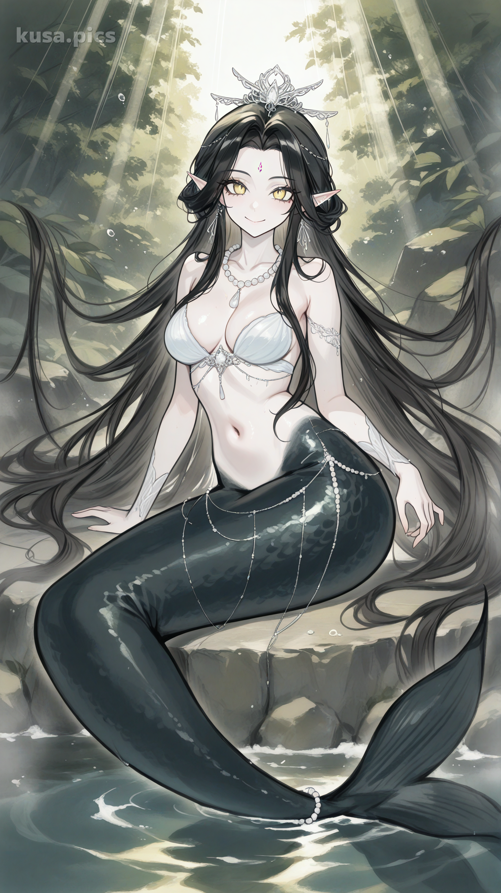 Sirena elegante con cabello negro, ojos amarillos y collar de perlas en un entorno submarino - variación de diseño de personaje OC de anime 2