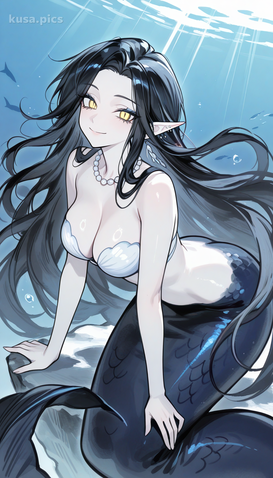 Sirena elegante con cabello negro, ojos amarillos y collar de perlas en un entorno submarino - variación de diseño de personaje OC de anime 1