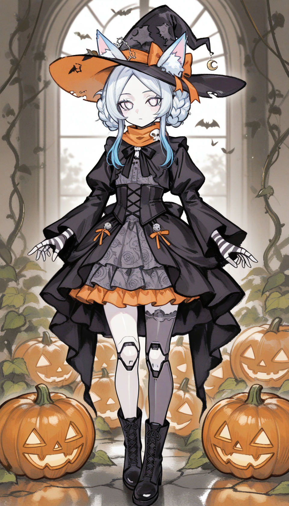 OC de cuerpo completo de bruja de Halloween con vestido gótico lolita, decoraciones de calabaza y orejas de zorro - Ejemplo 3 variación A