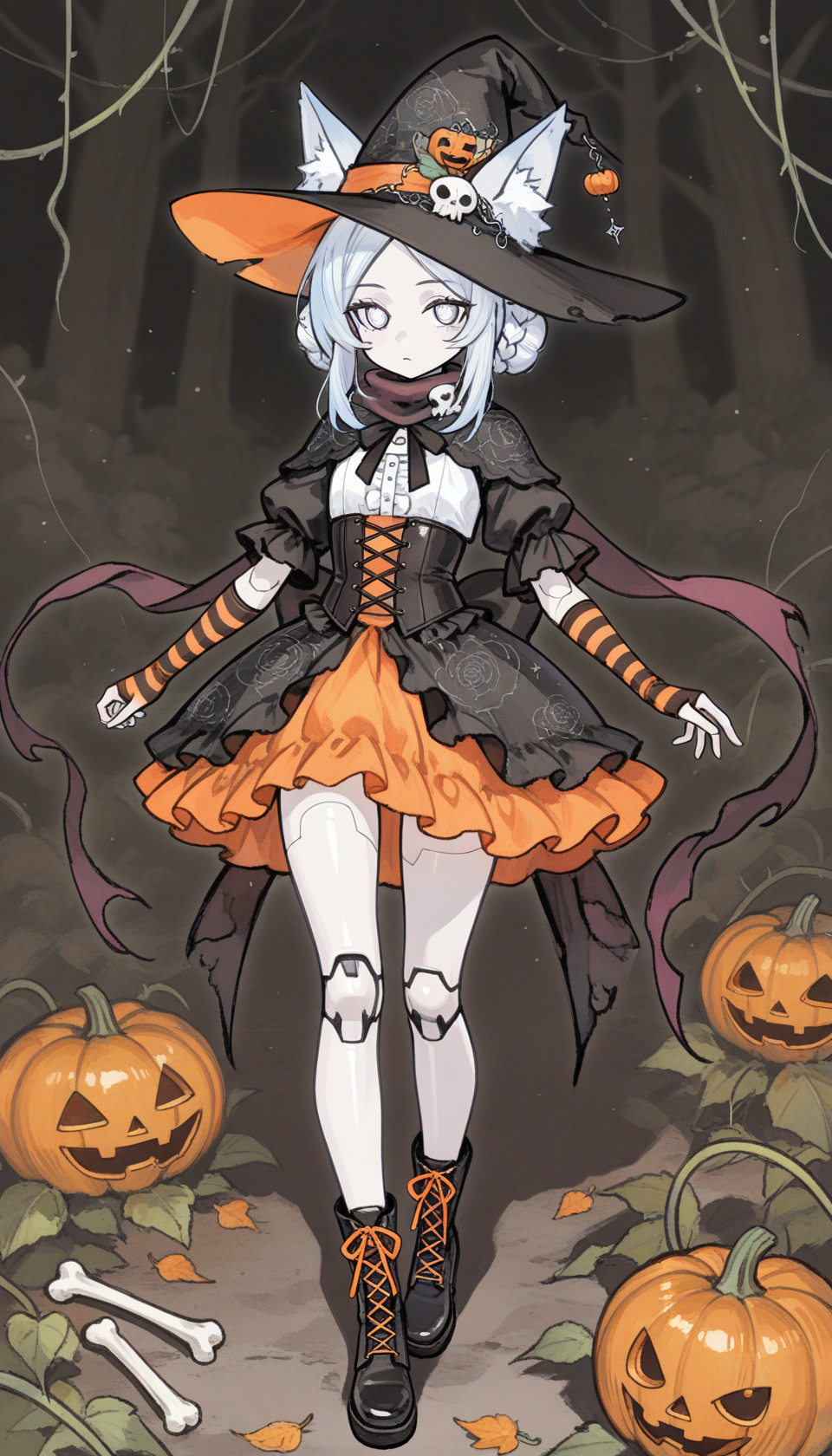 OC de cuerpo completo de bruja de Halloween con vestido gótico lolita, decoraciones de calabaza y orejas de zorro - Ejemplo 3 variación B