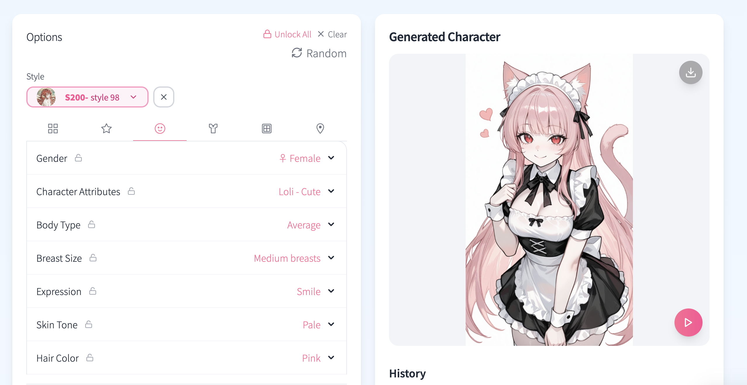 KusArt OC Generator settings panel showing character customization options
