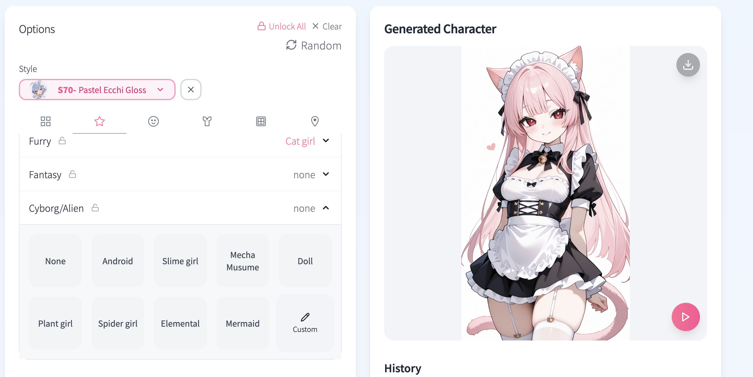 KusArt OC Generator style selection interface showing different anime art styles