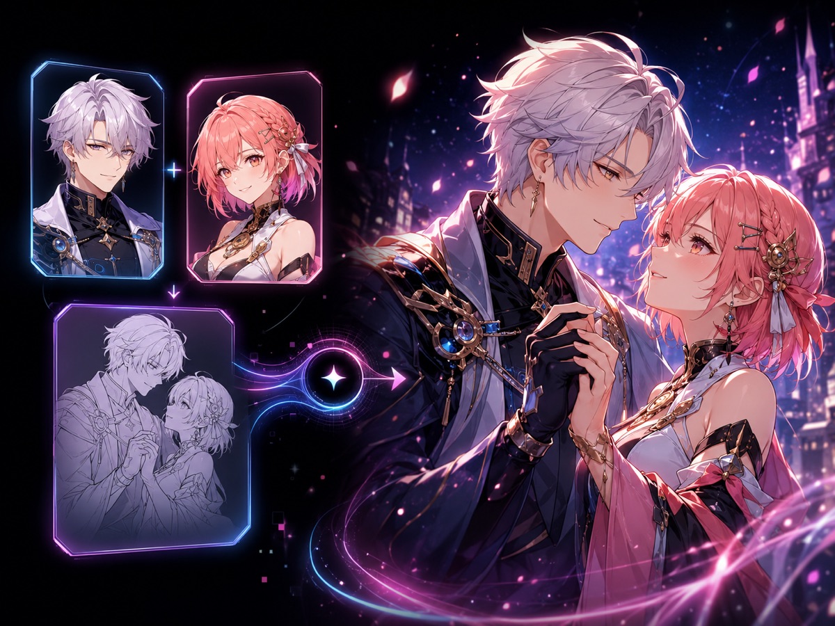 Two anime character references and a couple pose sketch transformed into a finished romantic artwork