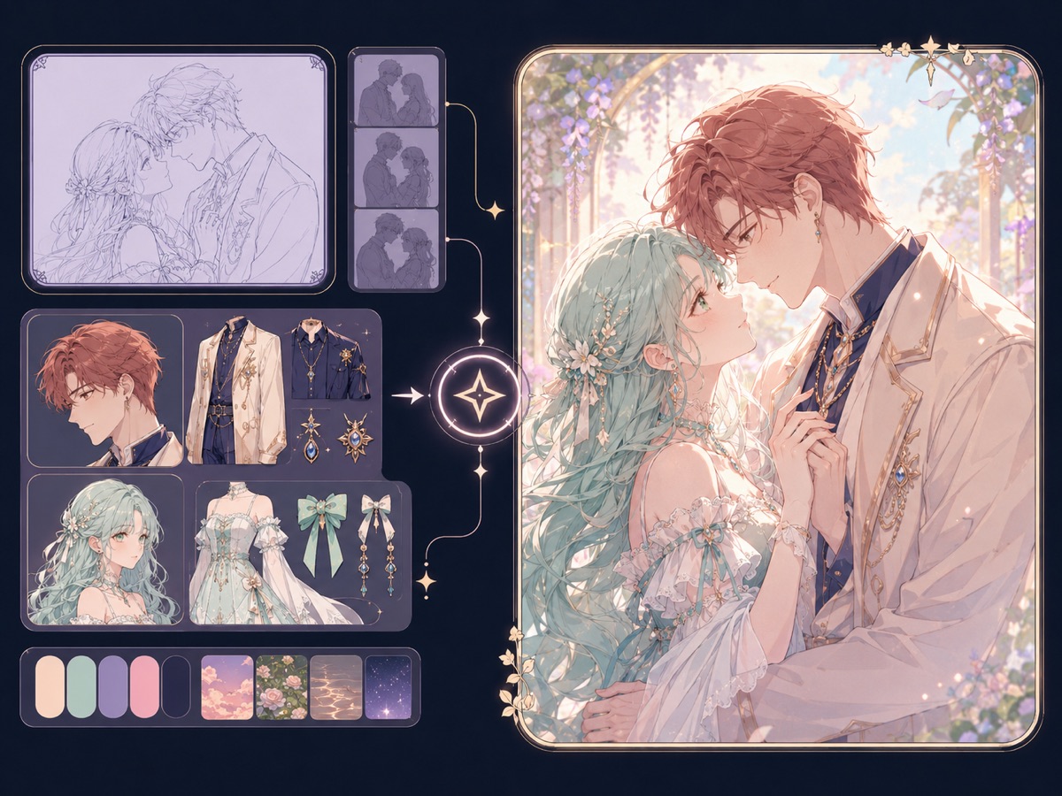 Couple pose workflow with character sheets, pose sketch, outfit palette, and final romantic anime artwork