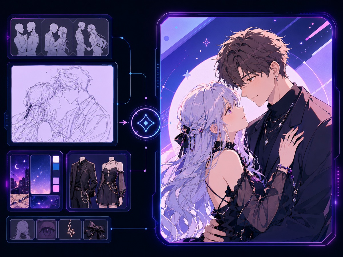 Anime couple pose template and styling board producing a polished couple illustration