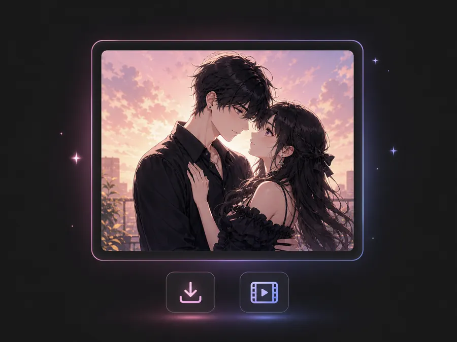 Generated romantic couple artwork preview with export actions