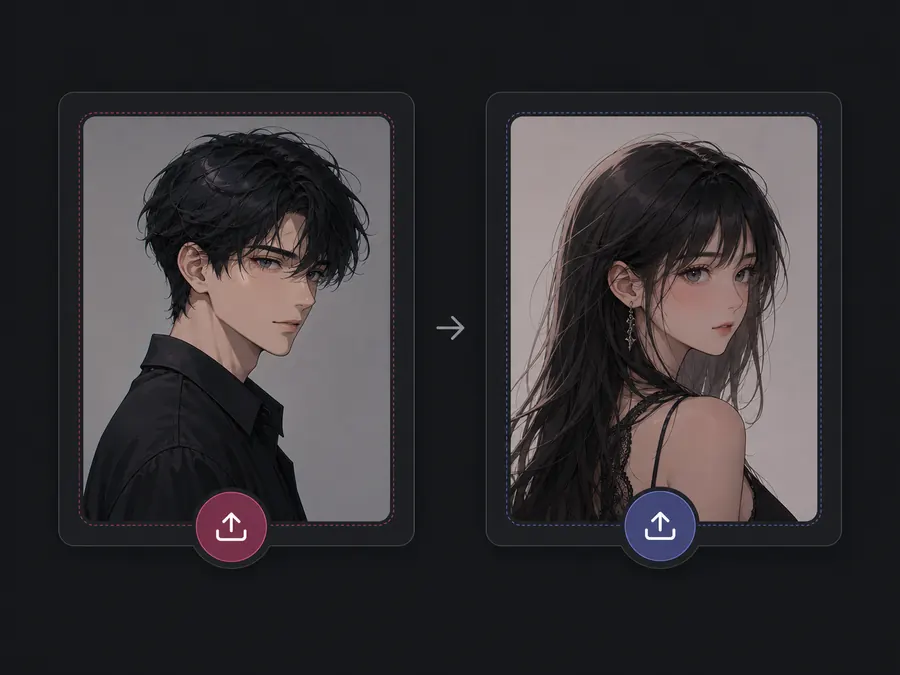 Two anime character reference images prepared for couple art generation