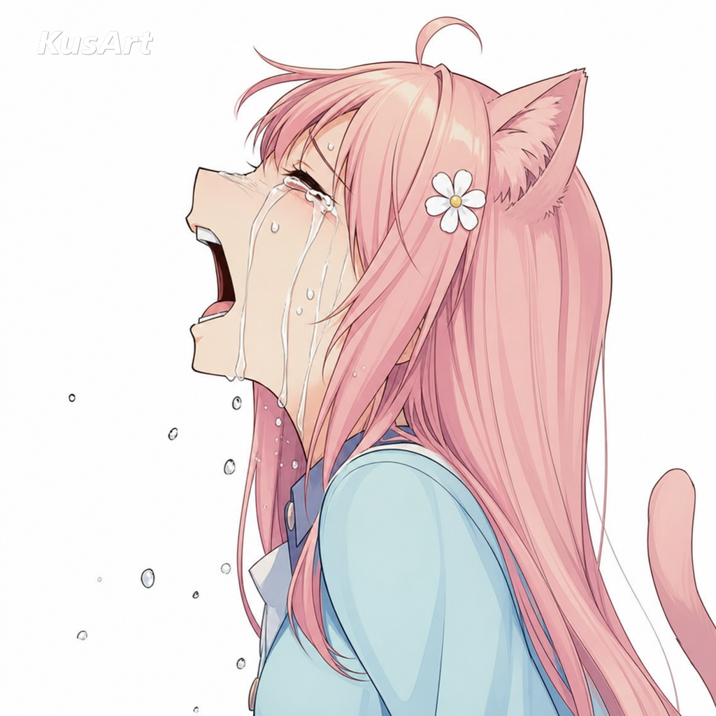 Meme de la chica de anime llorando recreado con una chica gato de pelo rosa llorando dramáticamente