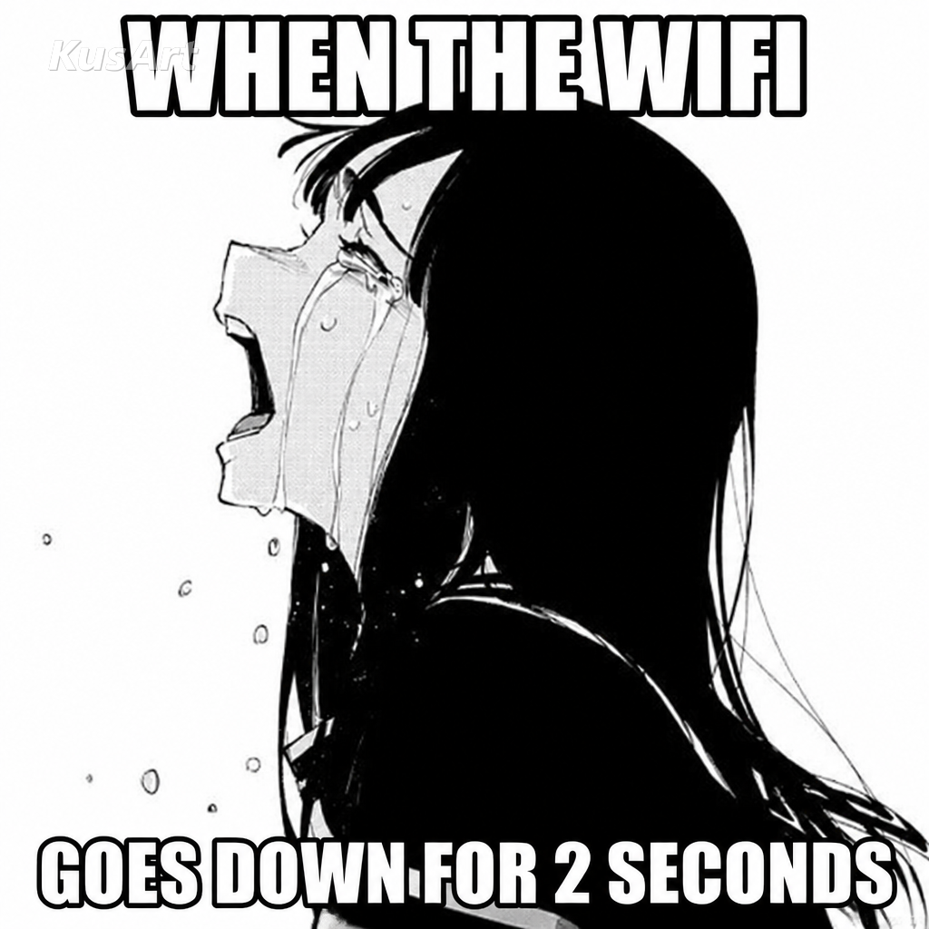 Meme de la chica de anime llorando con texto «cuando el wifi / se cae 2 segundos»