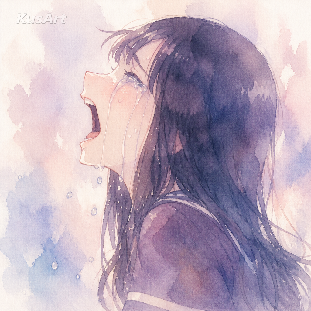 Meme de la chica de anime llorando con un nuevo estilo de suave pintura en acuarela pastel