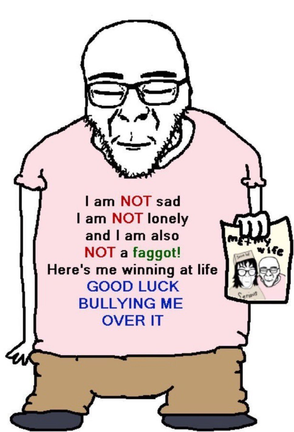 面具下哭泣表情包，一个 Wojak 一边在面具后哭泣一边坚称自己不难过