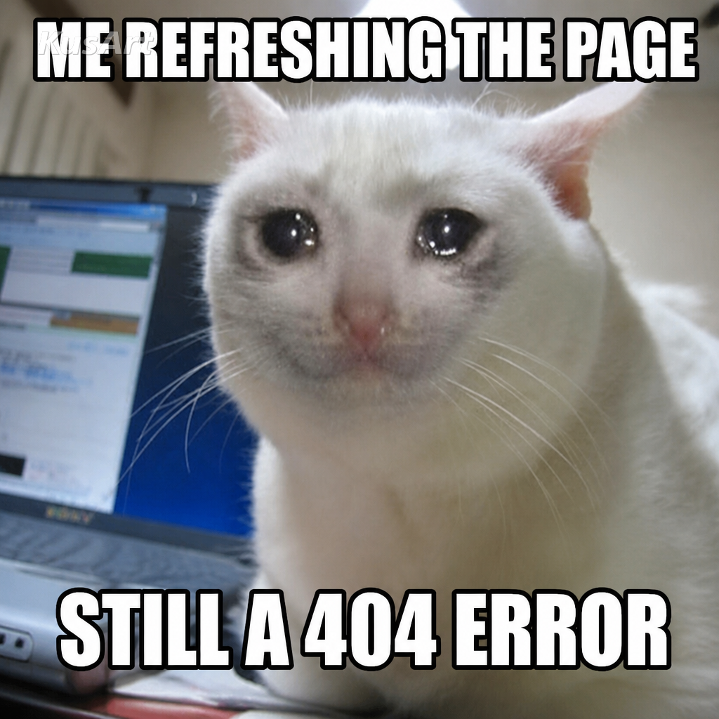配文「我刷新页面 / 还是 404 错误」的哭猫表情包