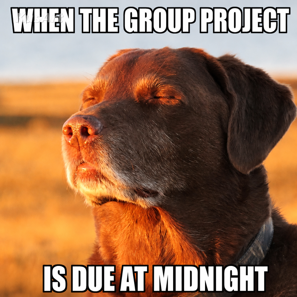 Meme del perro aceptando su destino con texto «cuando el trabajo en grupo / se entrega a medianoche»