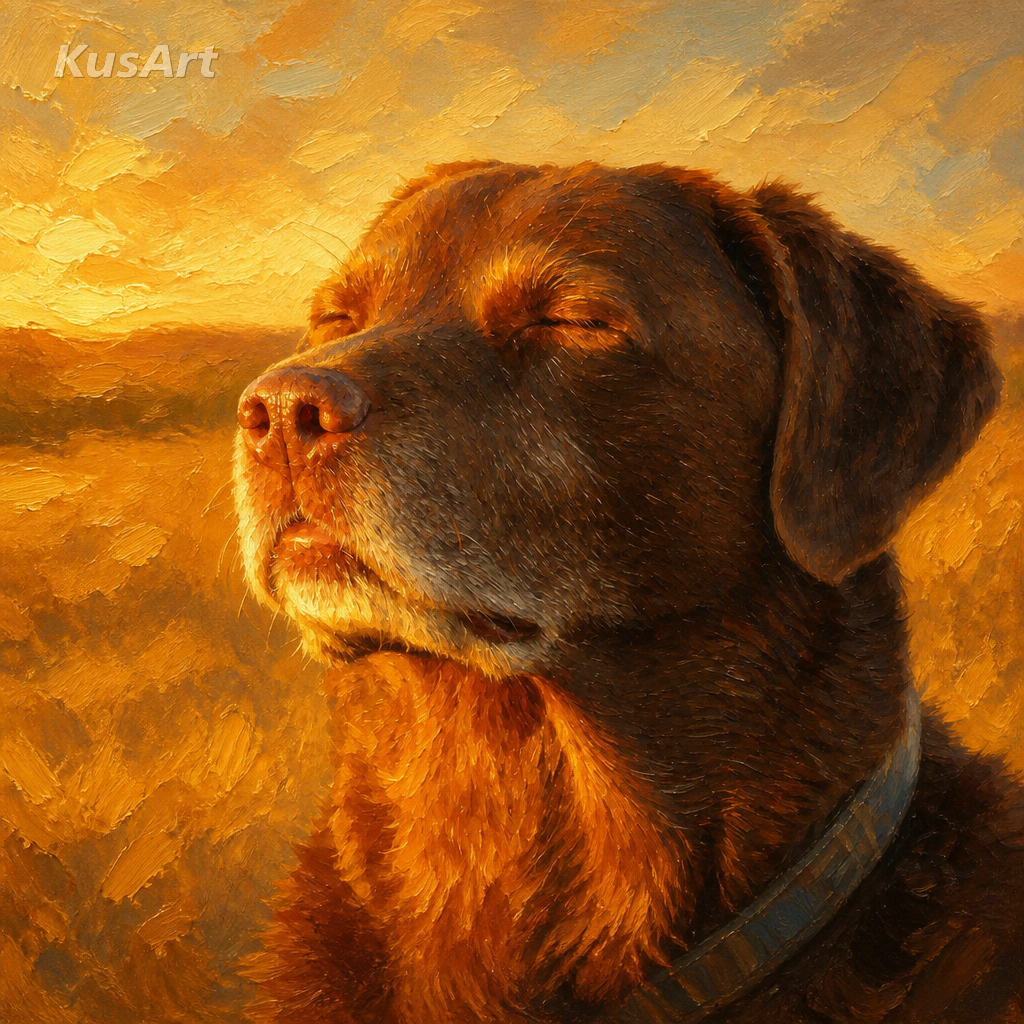 Meme del perro aceptando su destino con un nuevo estilo de cálida pintura al óleo de hora dorada
