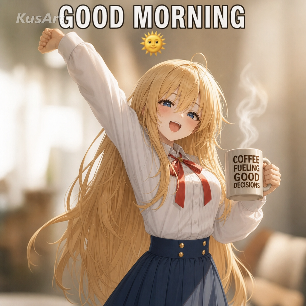 Meme de buenos días recreado con una chica de anime desperezándose con un café en una mañana soleada