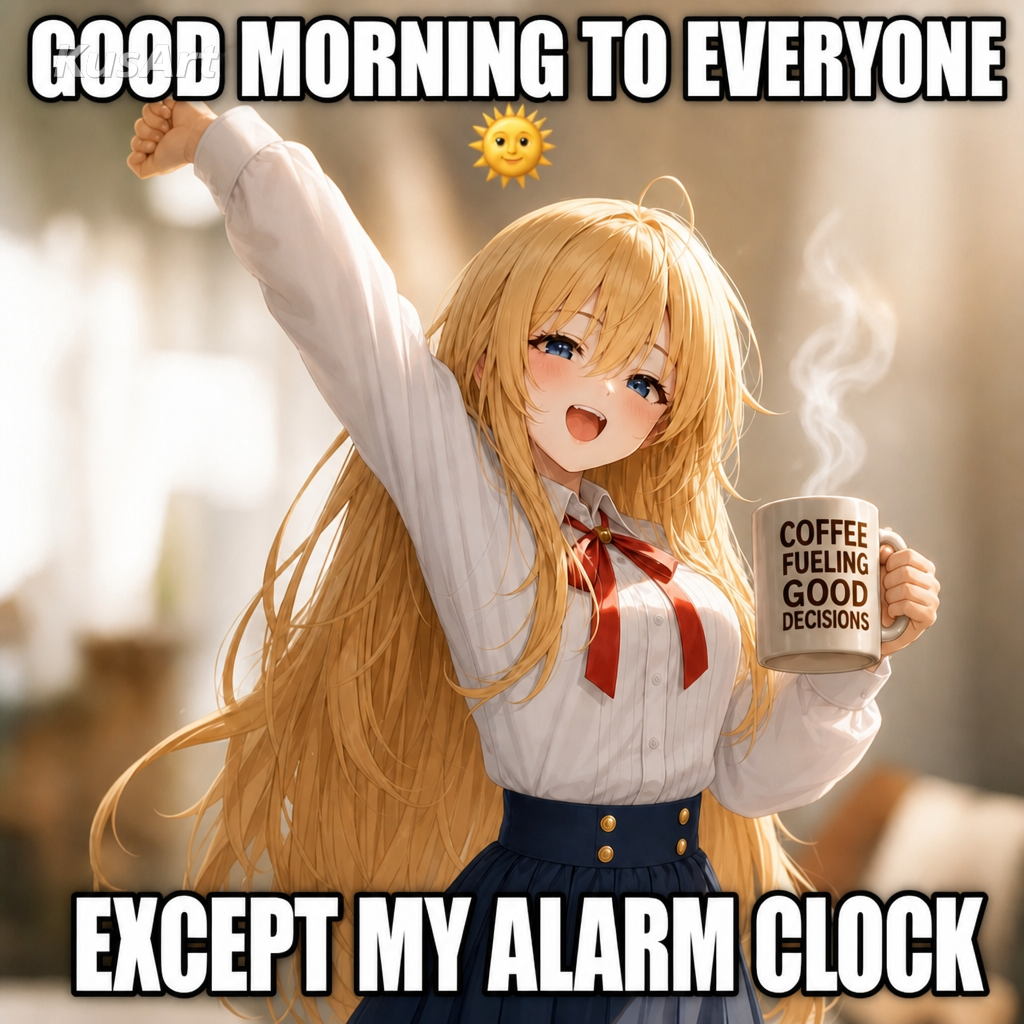 Meme de buenos días con texto buenos días a todos excepto a mi despertador