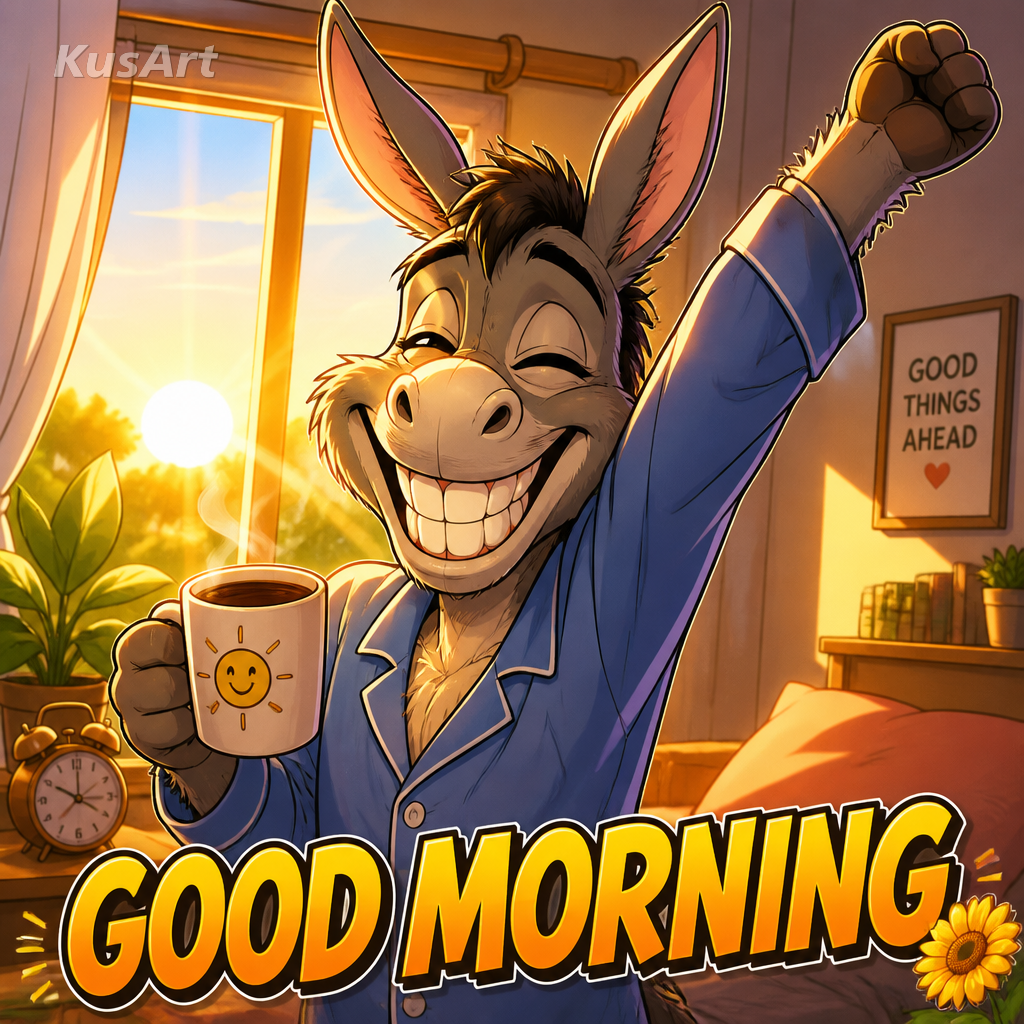 Meme de buenos días redibujado como ilustración anime con cel shading vivo