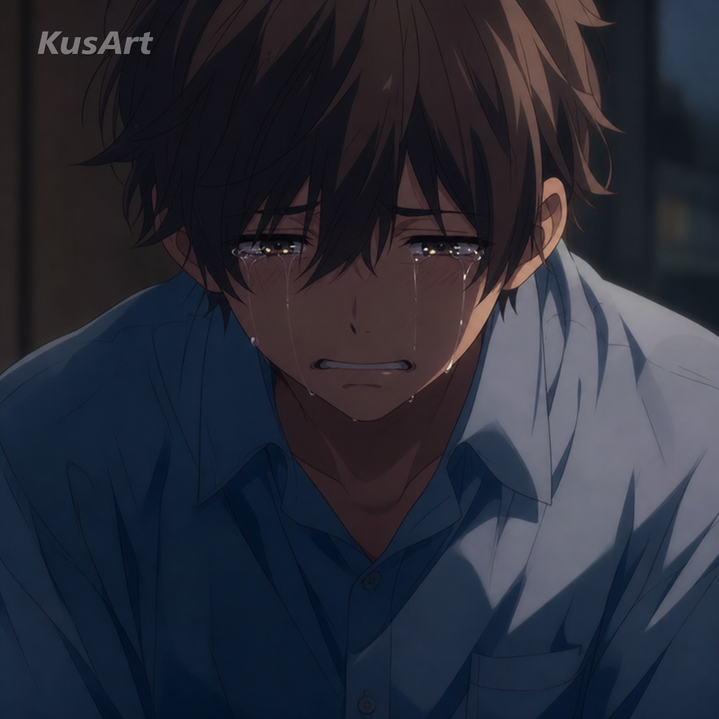 Meme del chico llorando recreado con un chico de anime al borde de las lágrimas