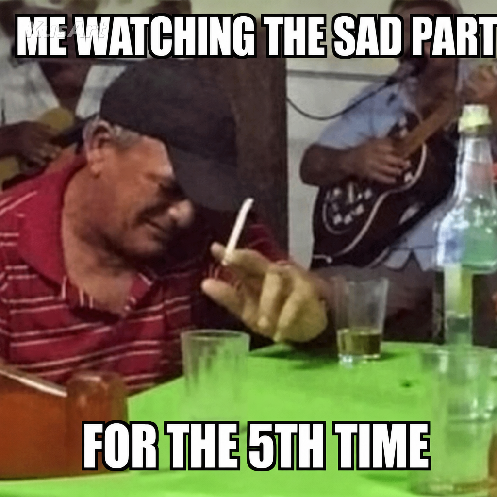 Meme del chico llorando con texto «yo viendo la parte triste / por quinta vez»