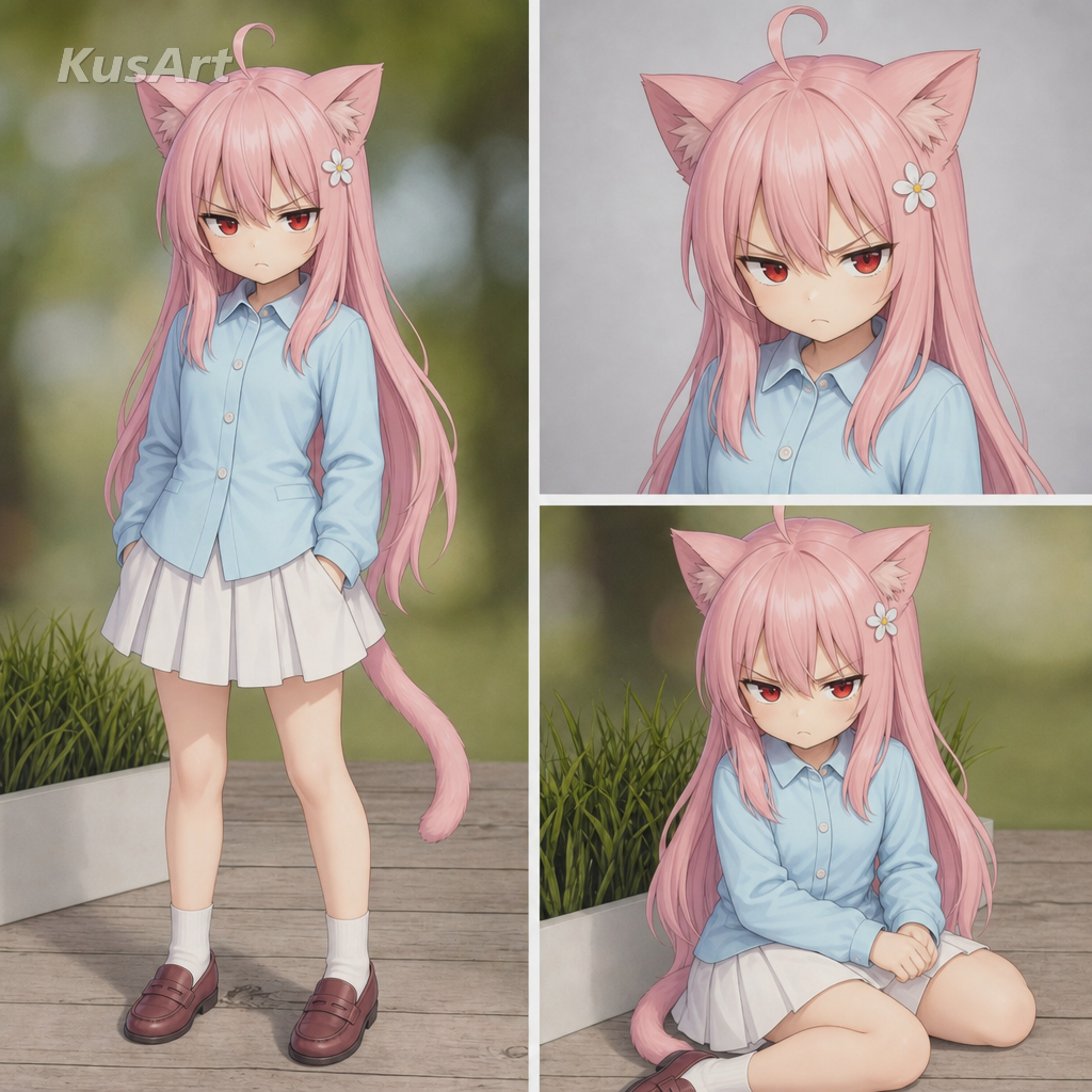 Meme «me alegro por ti» recreado con una chica gato de anime poniendo un ceño fruncido poco impresionado en tres paneles