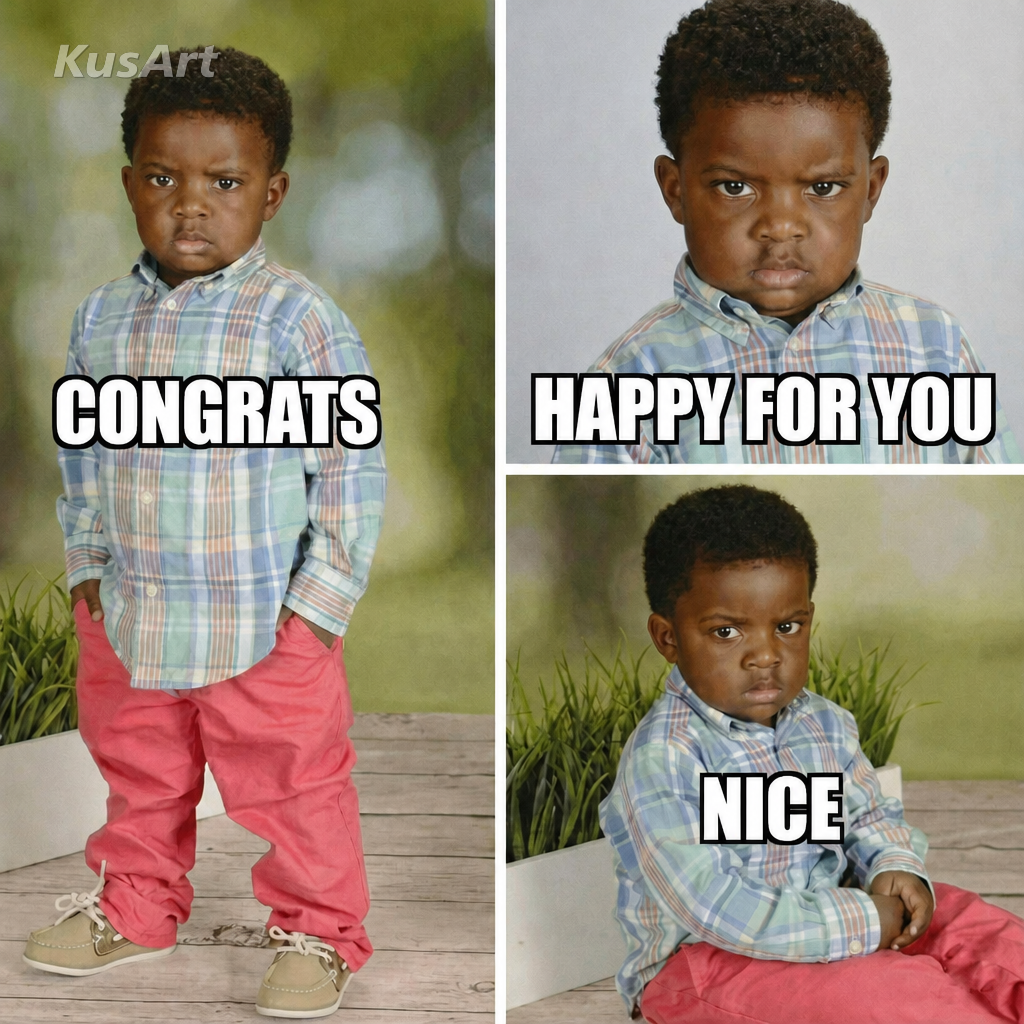 Meme «me alegro por ti» con texto felicidades / me alegro por ti / qué bien sobre un niño con el ceño fruncido