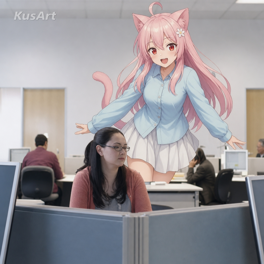 Meme del «hump day» recreado con una alegre chica gato de anime paseando por una oficina