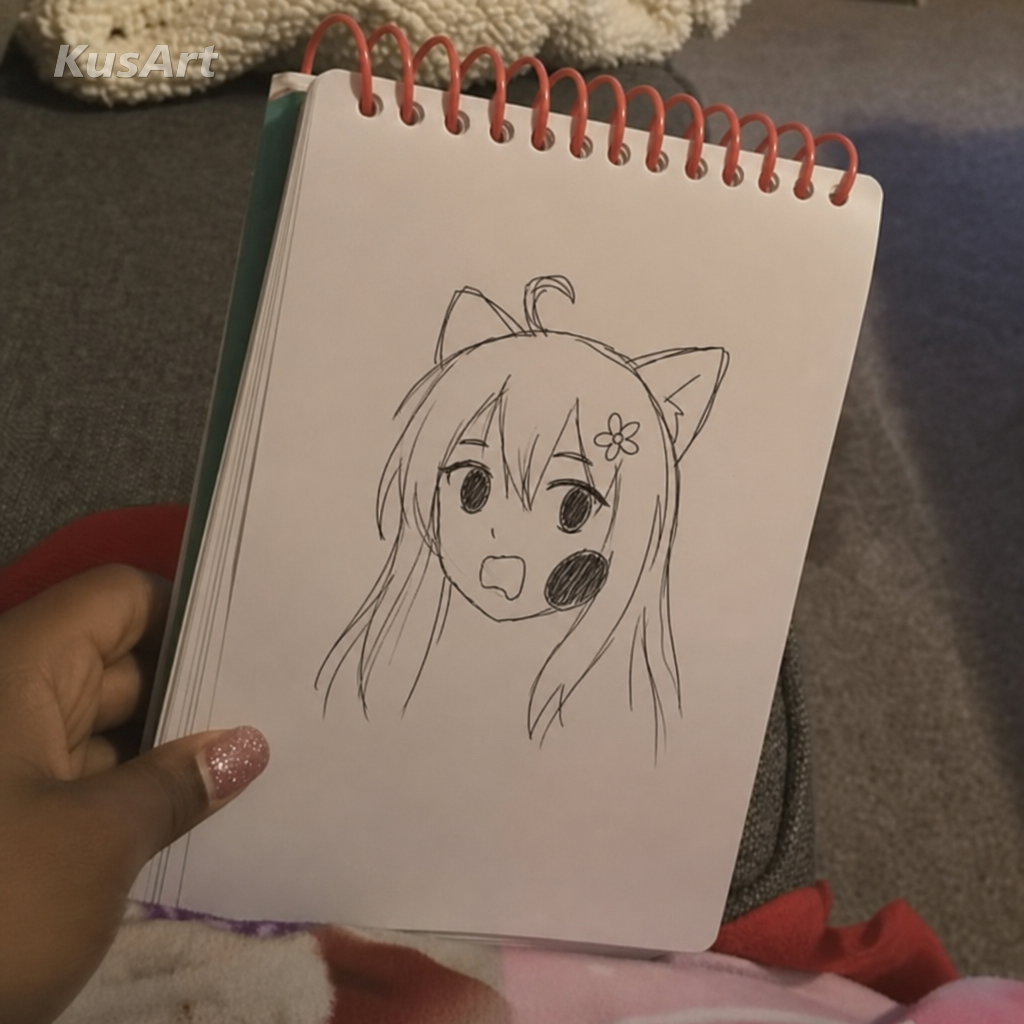Meme de la hiperpigmentación recreado como un tosco retrato dibujado a mano de una chica gato de anime con un fallo evidente