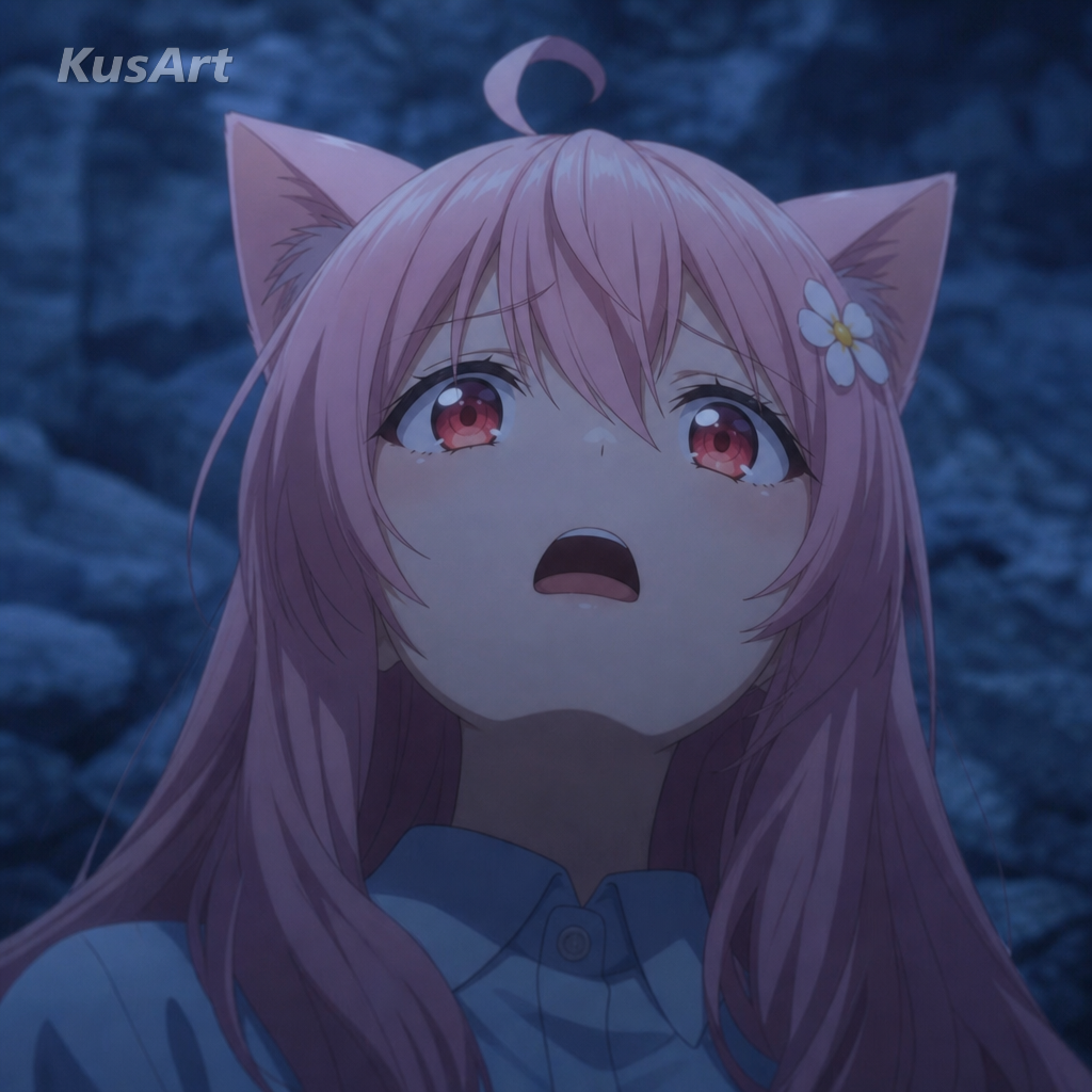 Meme «mirando hacia arriba» recreado con una chica gato de anime alzando la vista al cielo