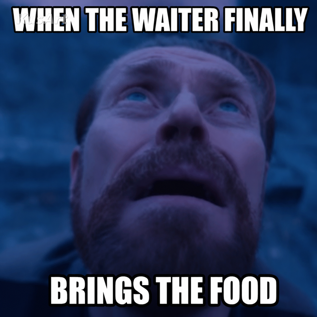 Meme «mirando hacia arriba» con texto «cuando el camarero por fin / trae la comida»