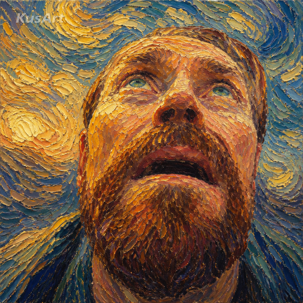 Meme «mirando hacia arriba» con un nuevo estilo de arremolinada pintura al óleo posimpresionista