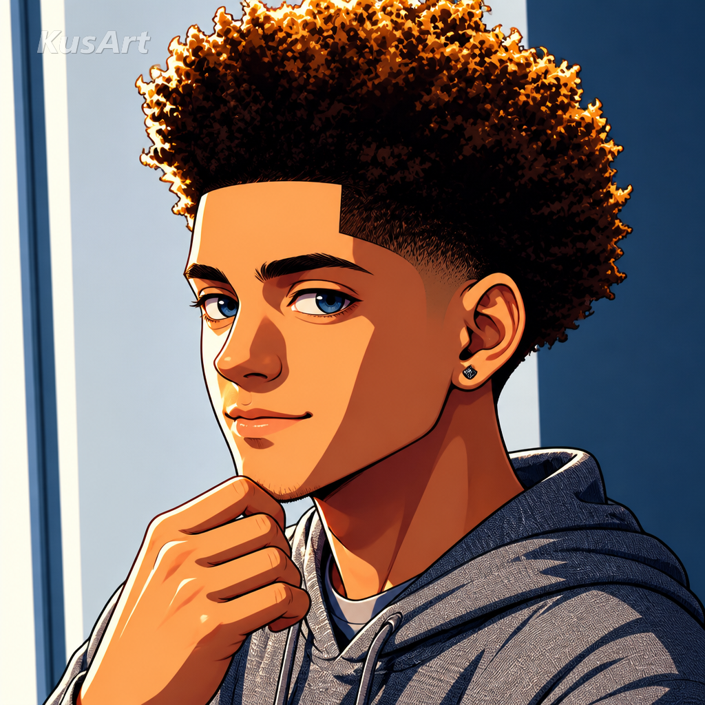 Meme low taper fade redibujado como ilustración anime con cel shading vivo