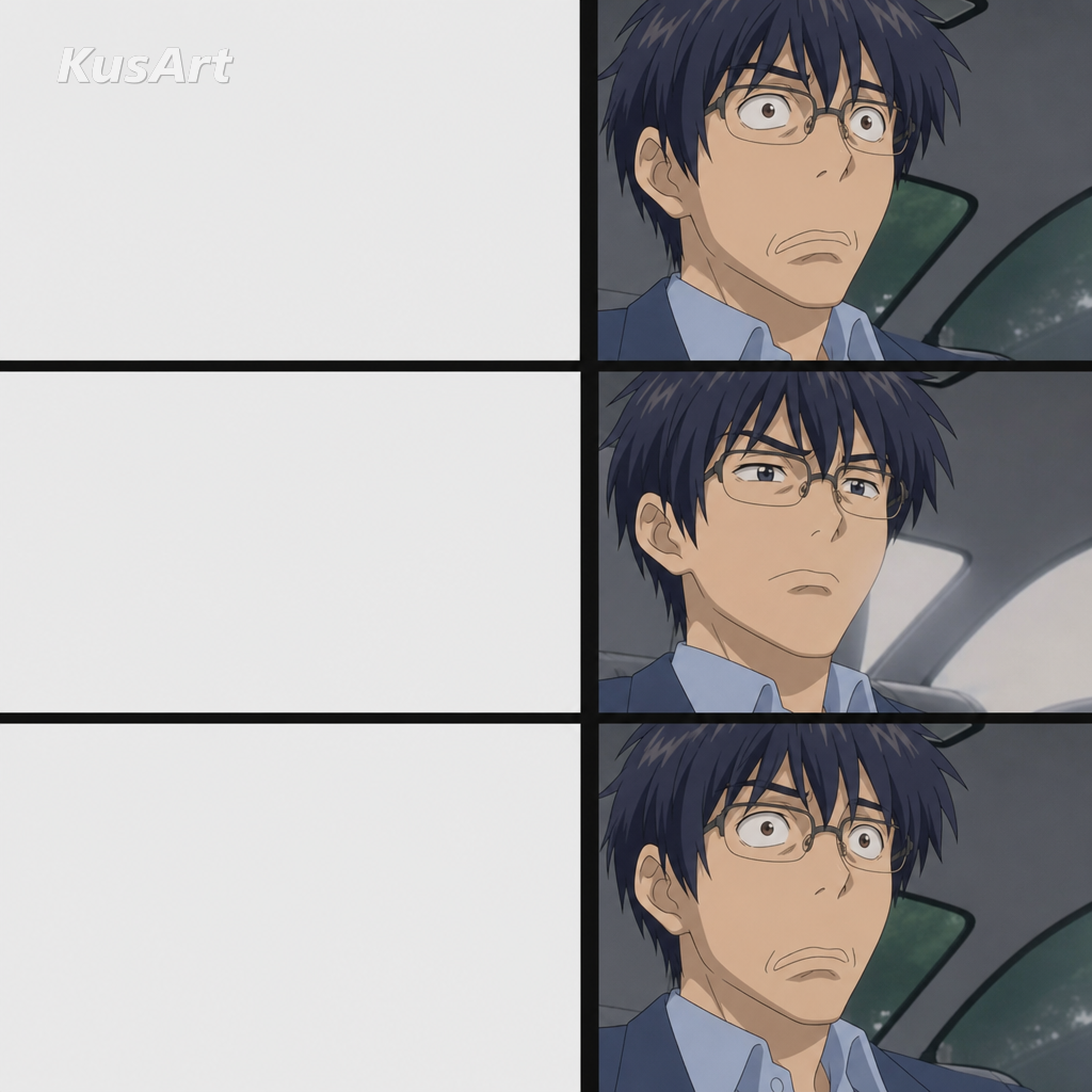 Meme del hombre cambiando de cara en anime recreado con un chico de anime con pavor de ojos muy abiertos