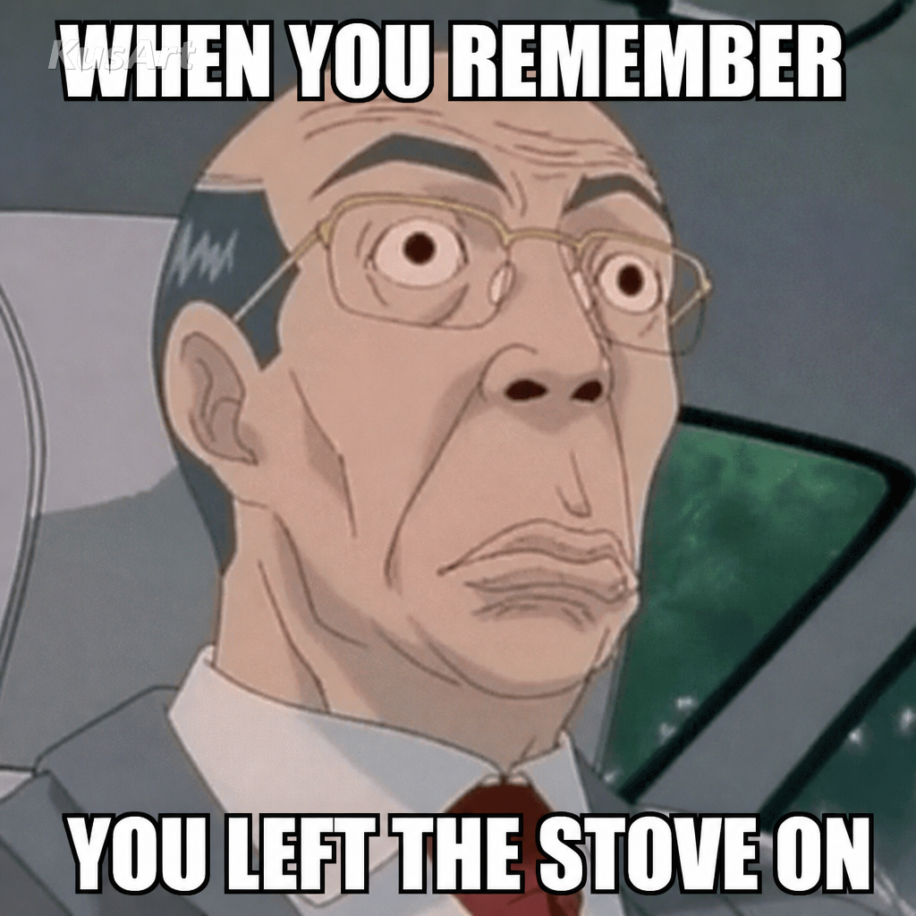 Meme del hombre cambiando de cara en anime con texto «cuando recuerdas / que dejaste la cocina encendida»