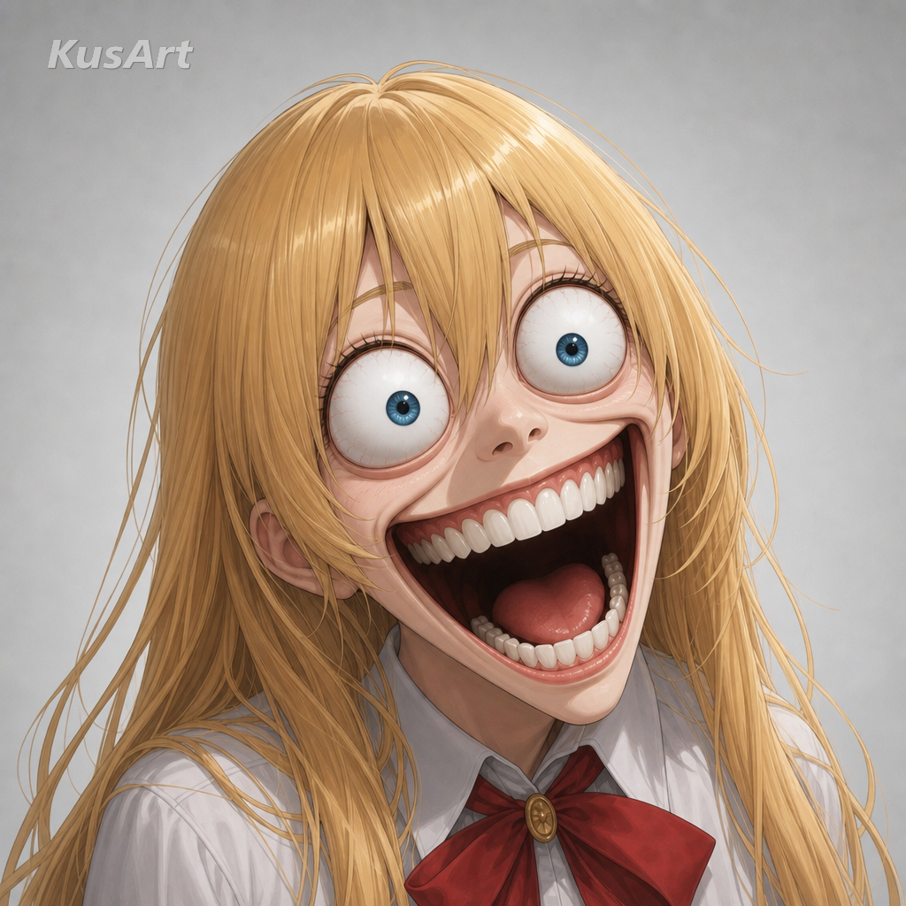 Caras de meme recriadas com uma garota de anime fazendo uma ampla expressão maníaca exagerada