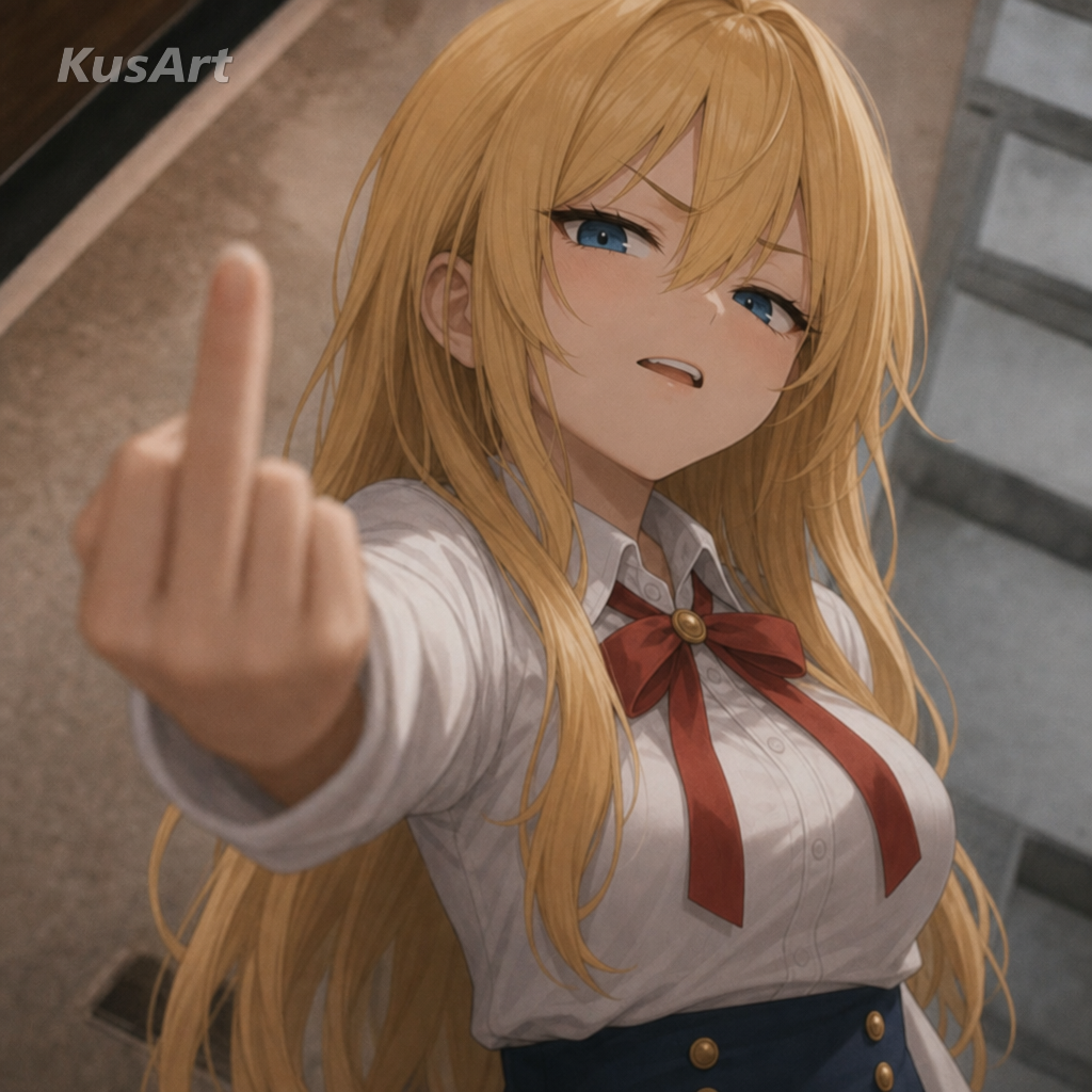 Meme del dedo medio recreado con una chica de anime haciendo un corte de mangas juguetón