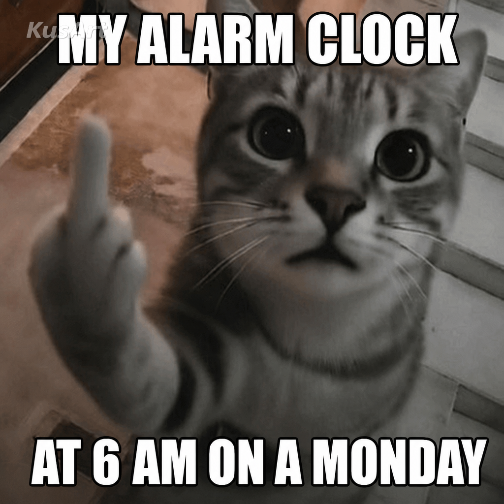 Meme del dedo medio con texto sobre el despertador a las 6 de la mañana un lunes